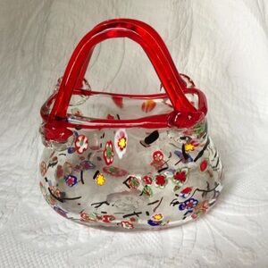 Murano Style Art Glass Millefiori Style Clutch Purse Vase Red Floral Decor